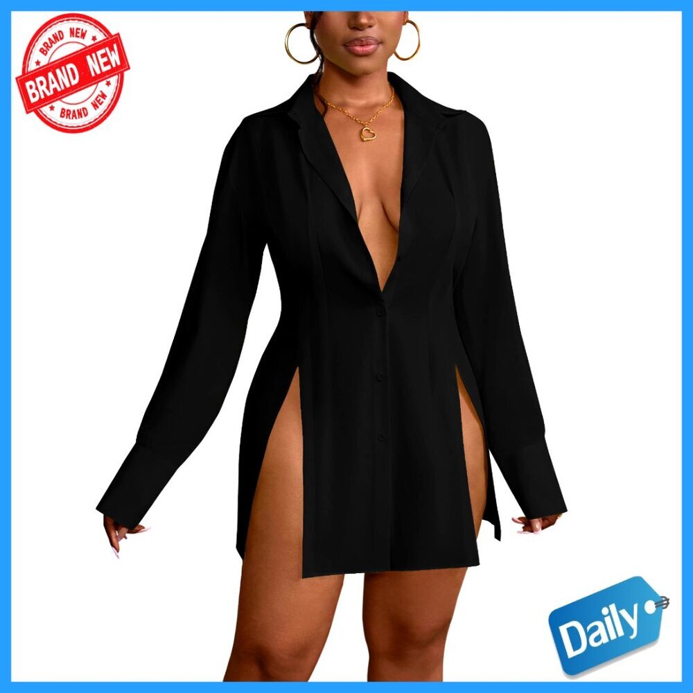 Button Down Shirt Dress Collar V Neck Long Sleeve Slit Sexy Chic